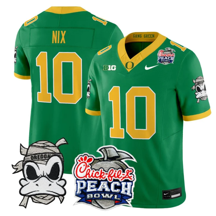 Bo Nix Jersey #10 Oregon Ducks Mummy Duck 2026 Peach Bowl Stitched Green