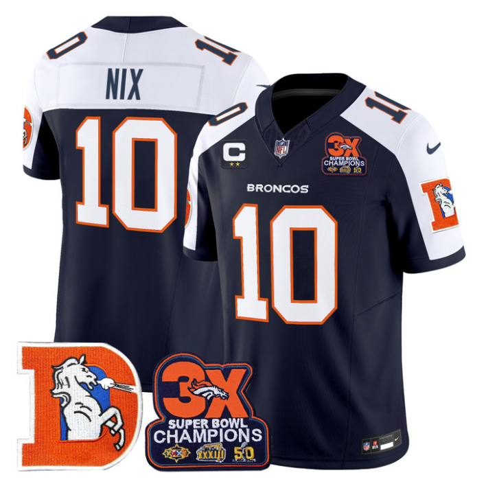 Bo Nix Jersey #10 Throwback Vapor 3-Time Champions Patch Stitched Navy Alternate