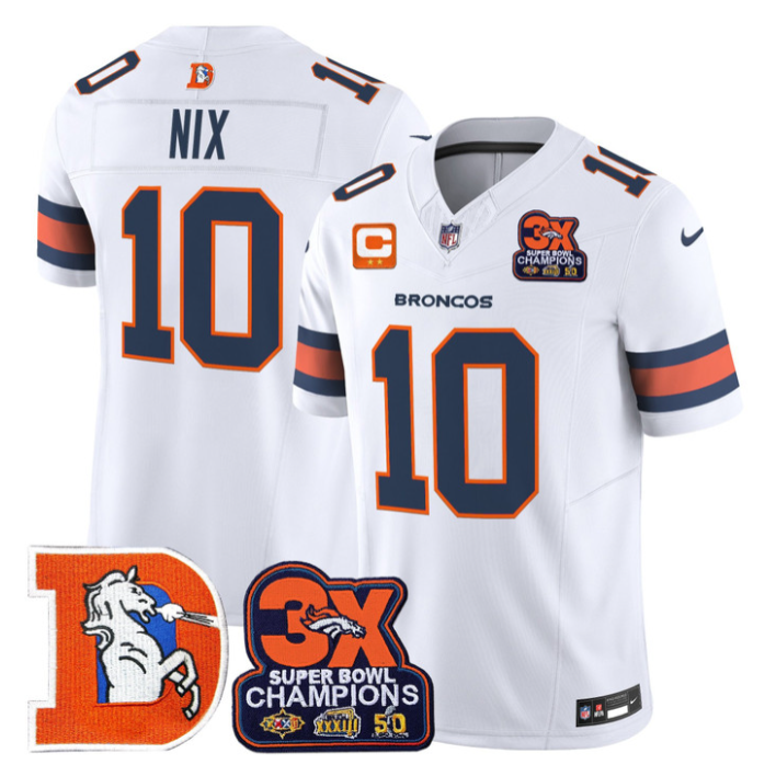 Bo Nix Jersey #10 Throwback Vapor 3-Time Champions Patch Stitched White