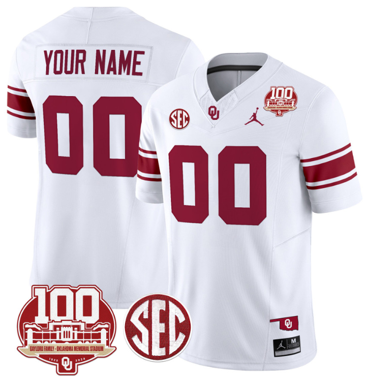 Custom Oklahoma Sooners Jersey Name and Number 100th Anniversary Patch Vapor Limited College Football Stitched White