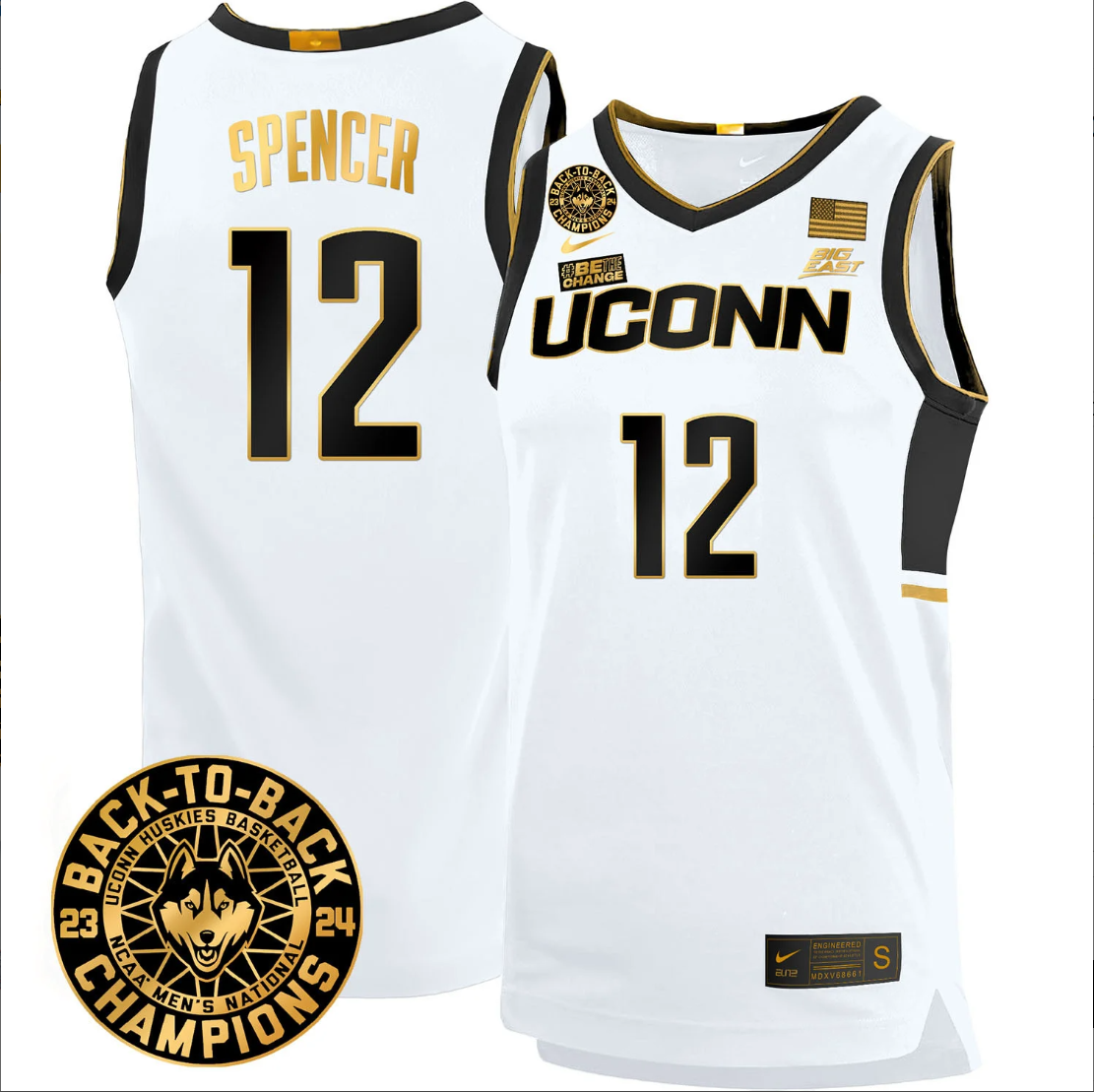 Cam Spencer Jersey #12 UConn Huskies Basketball 2024 Back To Back Champions Patch White Gold