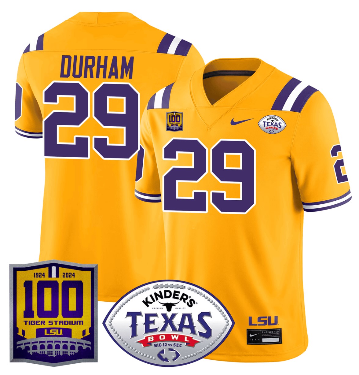 Caden Durham Jersey #29 LSU Tigers Texas Bowl Patch Football Gold