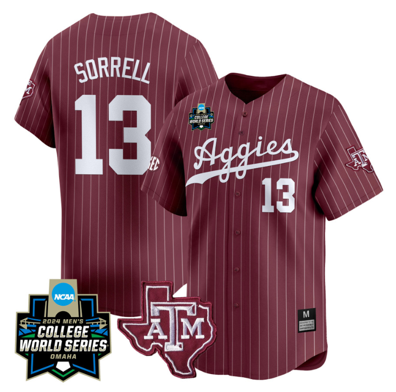 Caden Sorrell Jersey #13 Texas AM Aggies 2024 College World Series Vapor Premier Limited NCAA Baseball Stitched Maroon Pinstripe