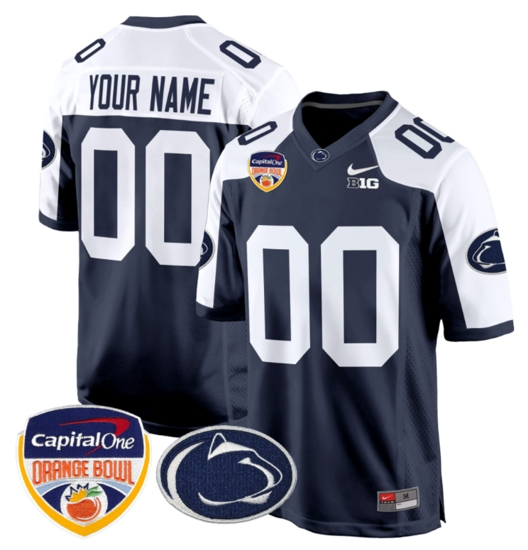 Custom Penn State Jersey Name, Number Orange Bowl Patch Football Navy Alternate