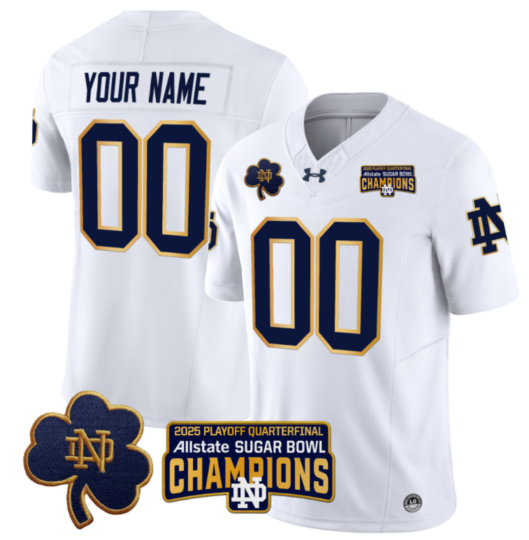 Custom Notre Dame Jersey 2025 Playoff Sugar Bowl Champions Patch White