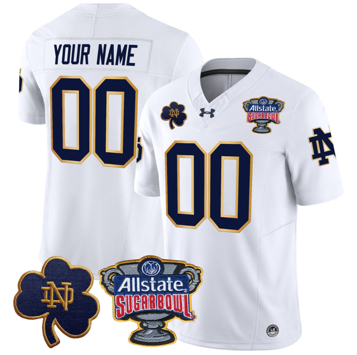 Custom Notre Dame Jersey Name, Number 2024 Sugar Bowl Patch V2 Stitched White