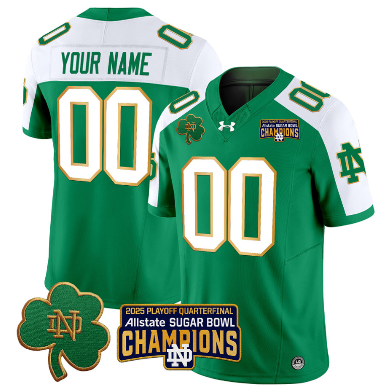 Custom Notre Dame Jersey 2025 Playoff Sugar Bowl Champions Patch Green