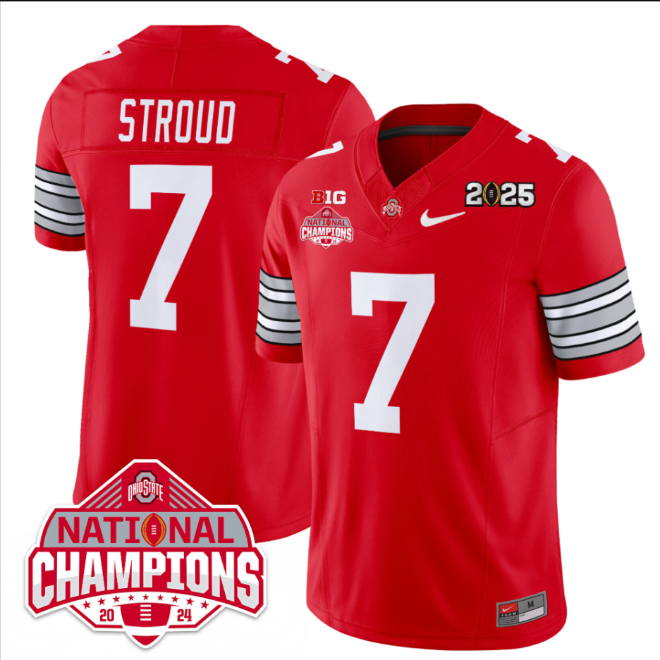 C J Stroud Jersey #7 Ohio State 2025 CFP Patch National Champions Red (Copy)
