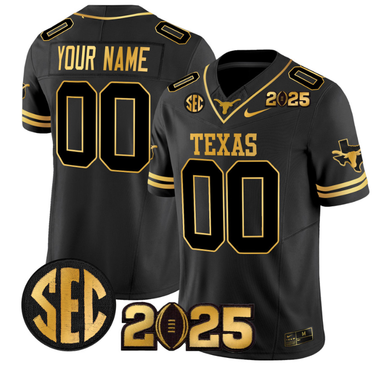 Custom Texas Longhorns Jersey 2025 CFP Final Gold Patch Stitched Black Gold