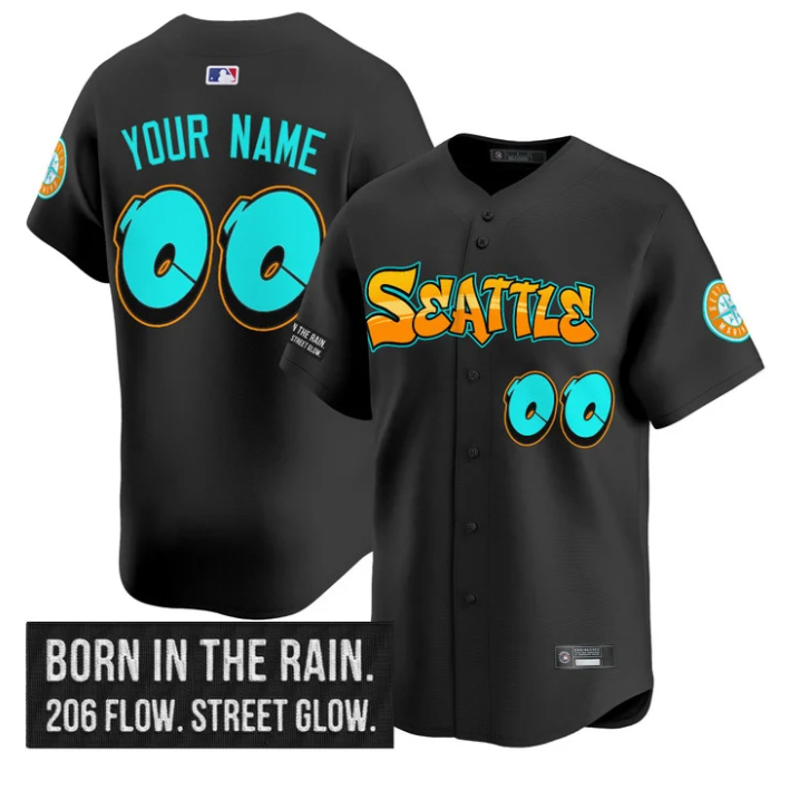 Custom Seattle Mariners Jersey Name, Number Graffiti Emerald Drop Edition Black