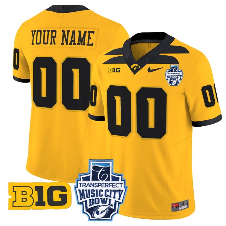 Custom Iowa Hawkeyes Jersey 2024 Music City Bowl Patch Stitched Gold
