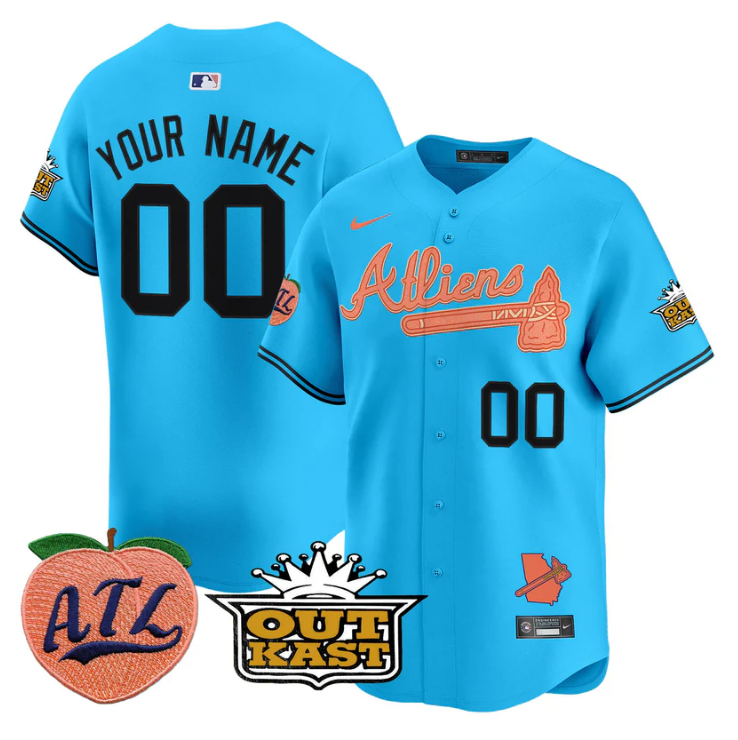 Custom Atlanta Braves Jersey Atliens Peach Vapor Premier Limited Stitched Light Blue
