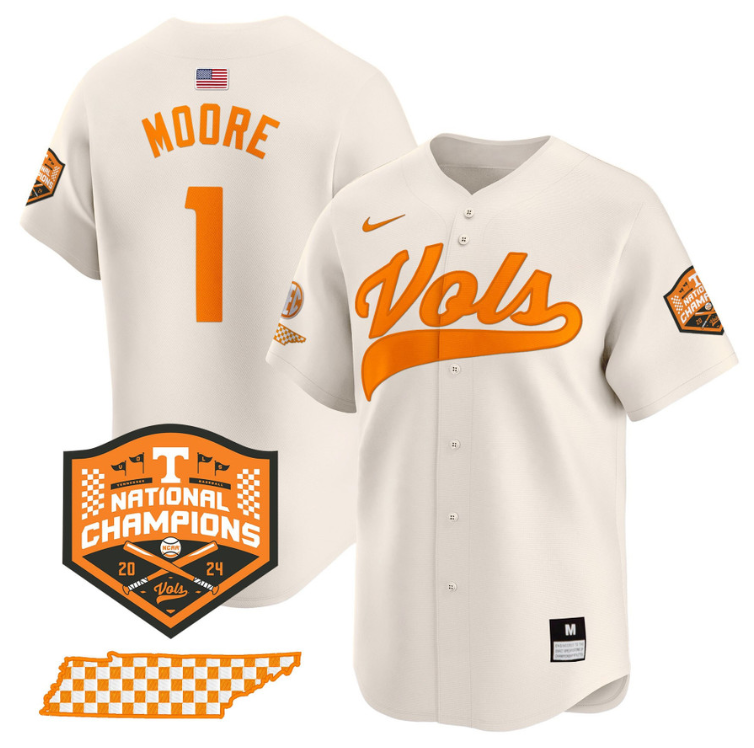 Christian Moore Jersey #1 Tennessee Volunteers Baseball 2024 Champions Vapor Premier Limited  Cream