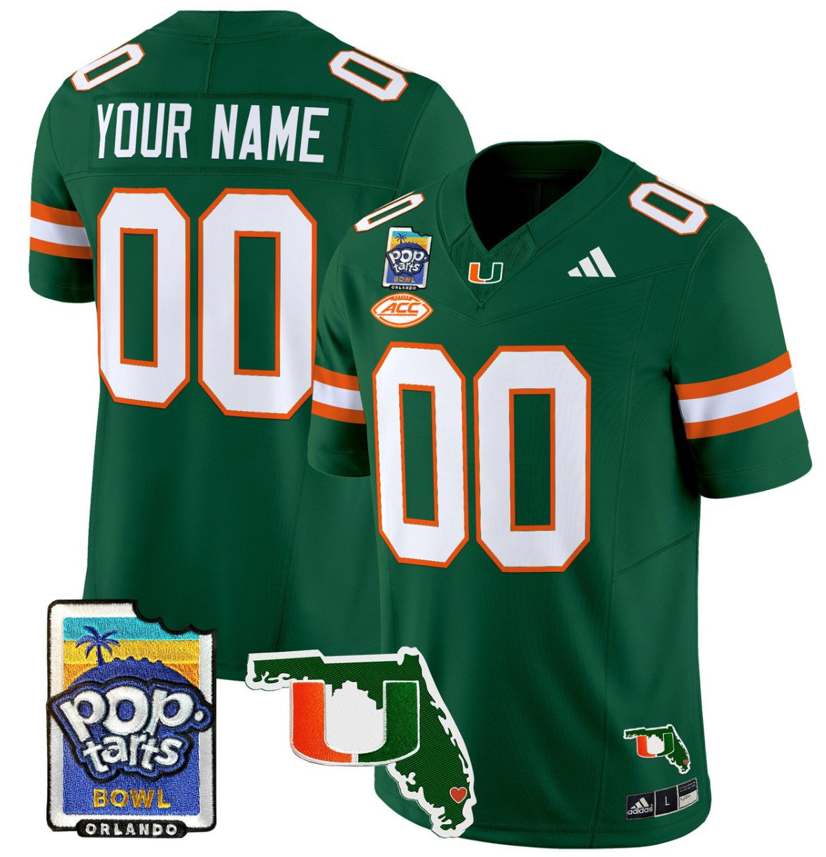 Custom Miami Hurricanes Jersey Name, Number 2025 PopTarts Bowl Patch Green