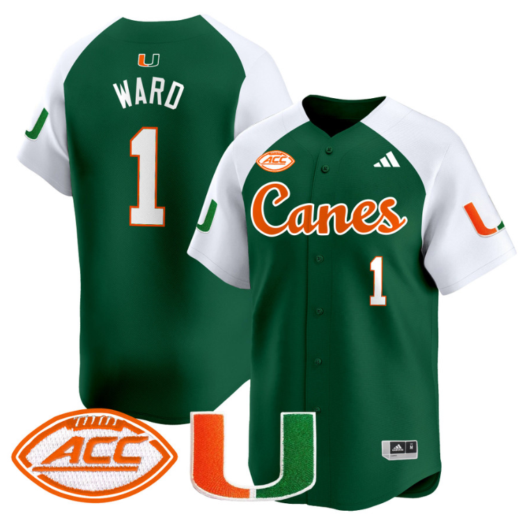 Cam Ward Jersey #1 Miami Hurricanes 2024 Baseball V2 Stitched Green Alternate