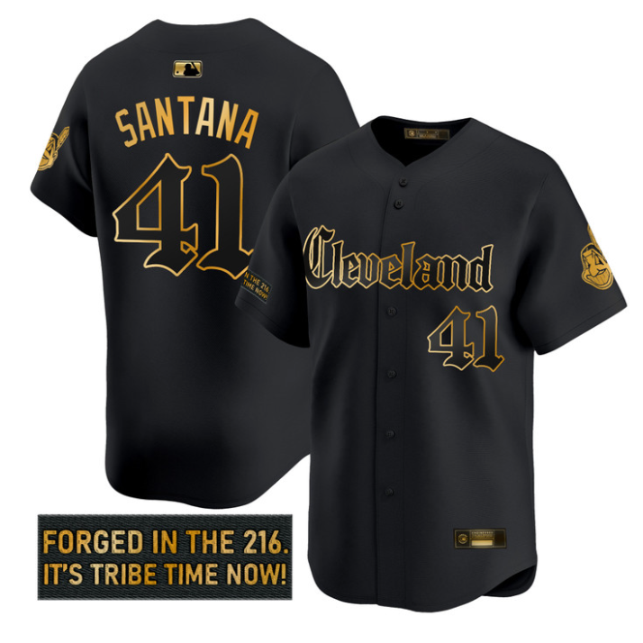 Carlos Santana Jersey #41 Cleveland Indians Gothic Iron Edition Black Gold