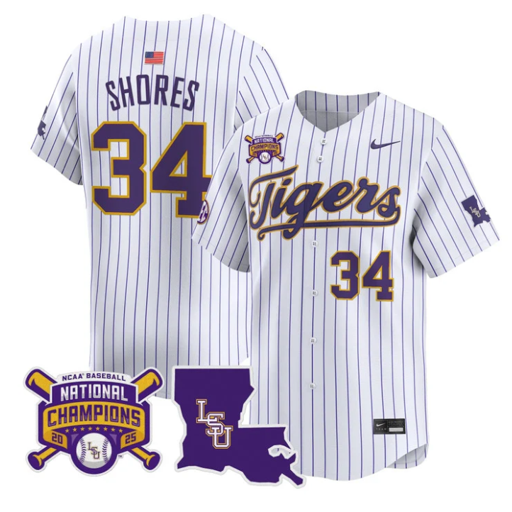 Chase Shores Jersey #34 LSU Tigers 2025 World Series Champions Stitched Stripes
