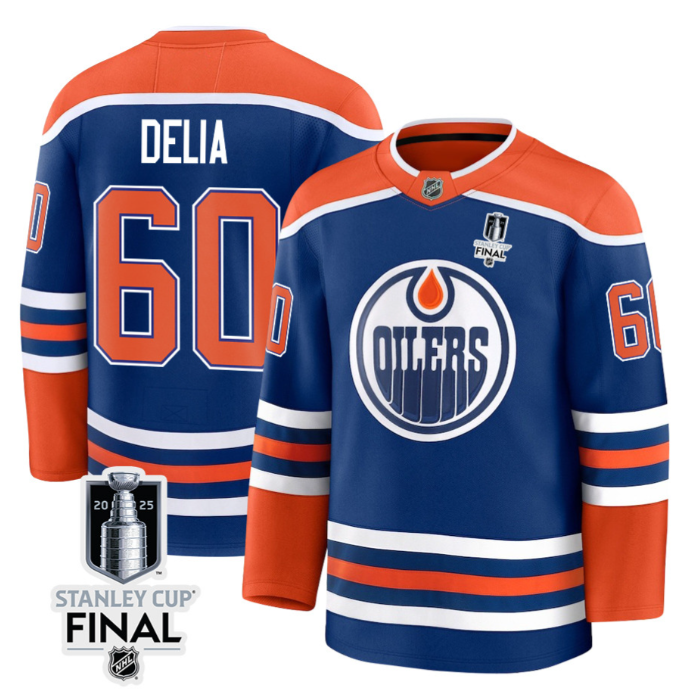 Collin Delia 60 Edmonton Oilers 2025 STANLEY CUP Final Patch Home Men Jersey Royal