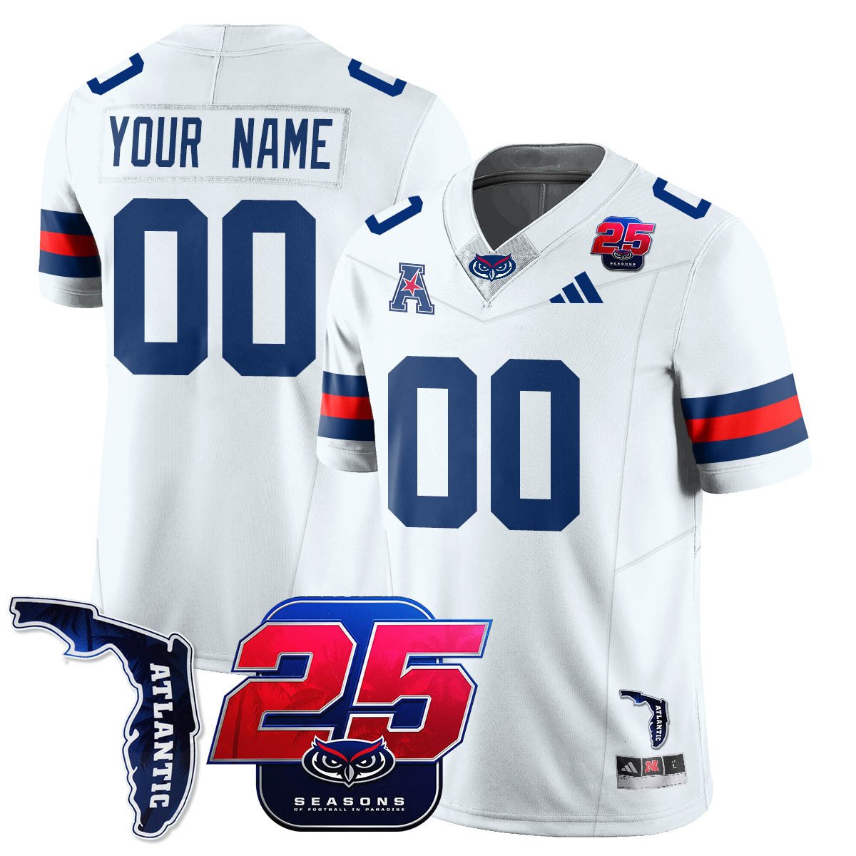 Custom Florida Atlantic Football Jersey Name, Number 25th Season Stitched White