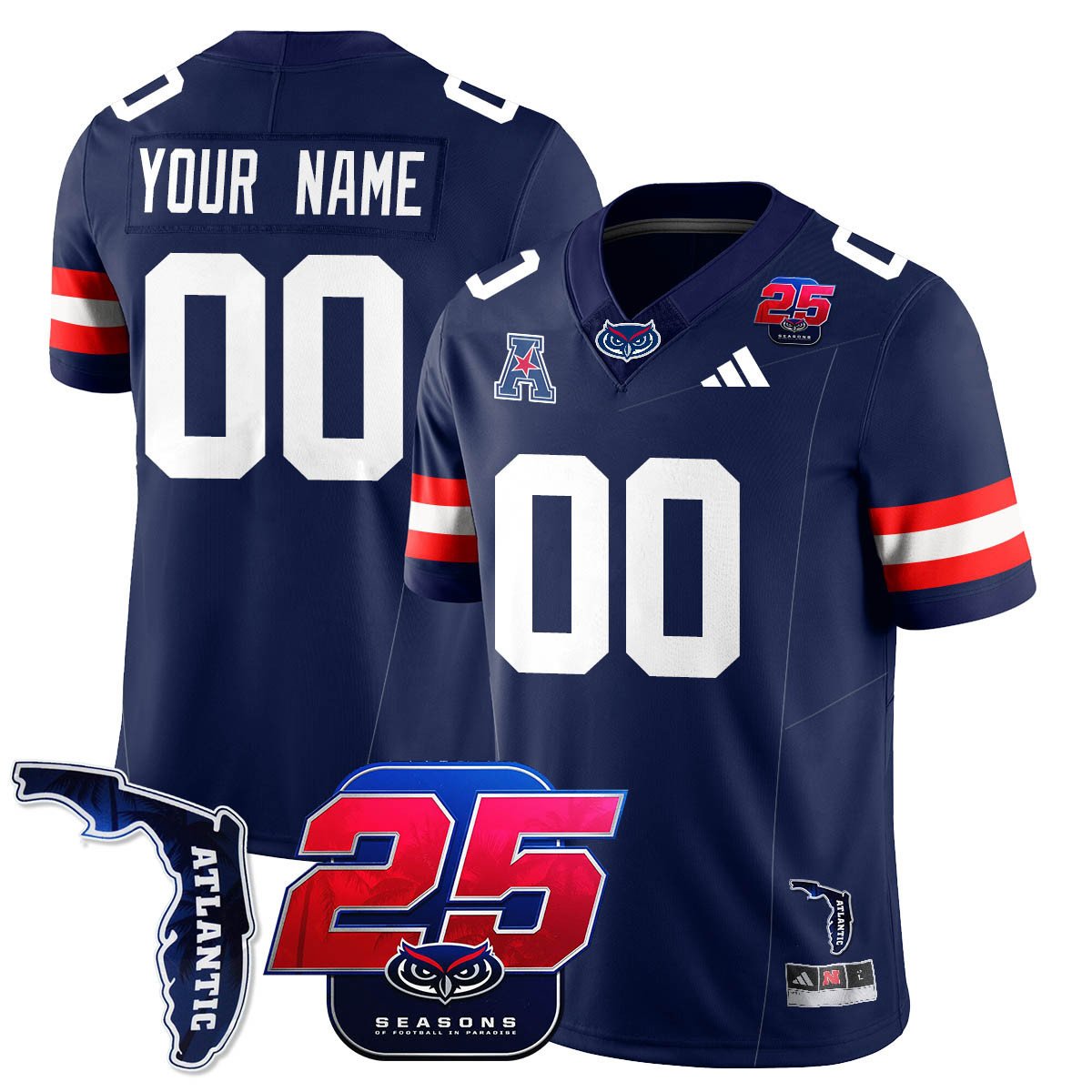 Custom Florida Atlantic Football Jersey Name, Number 25th Season Stitched Navy