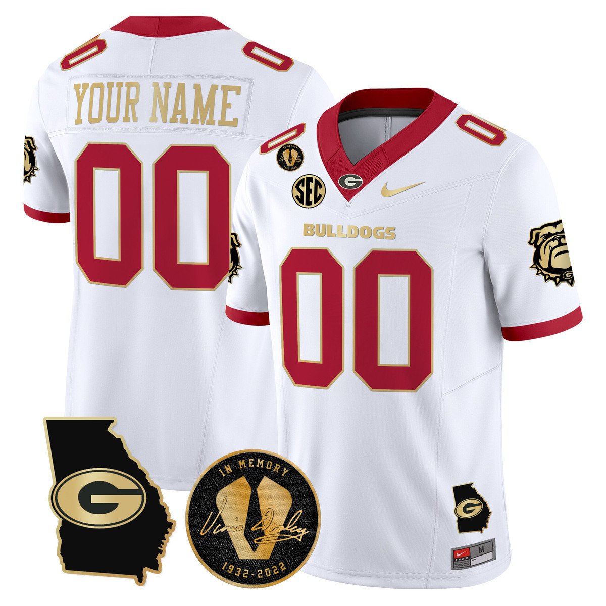 Custom Georgia Bulldogs Jersey 2025 Georgia Map, Vince Dooley Patch White Gold
