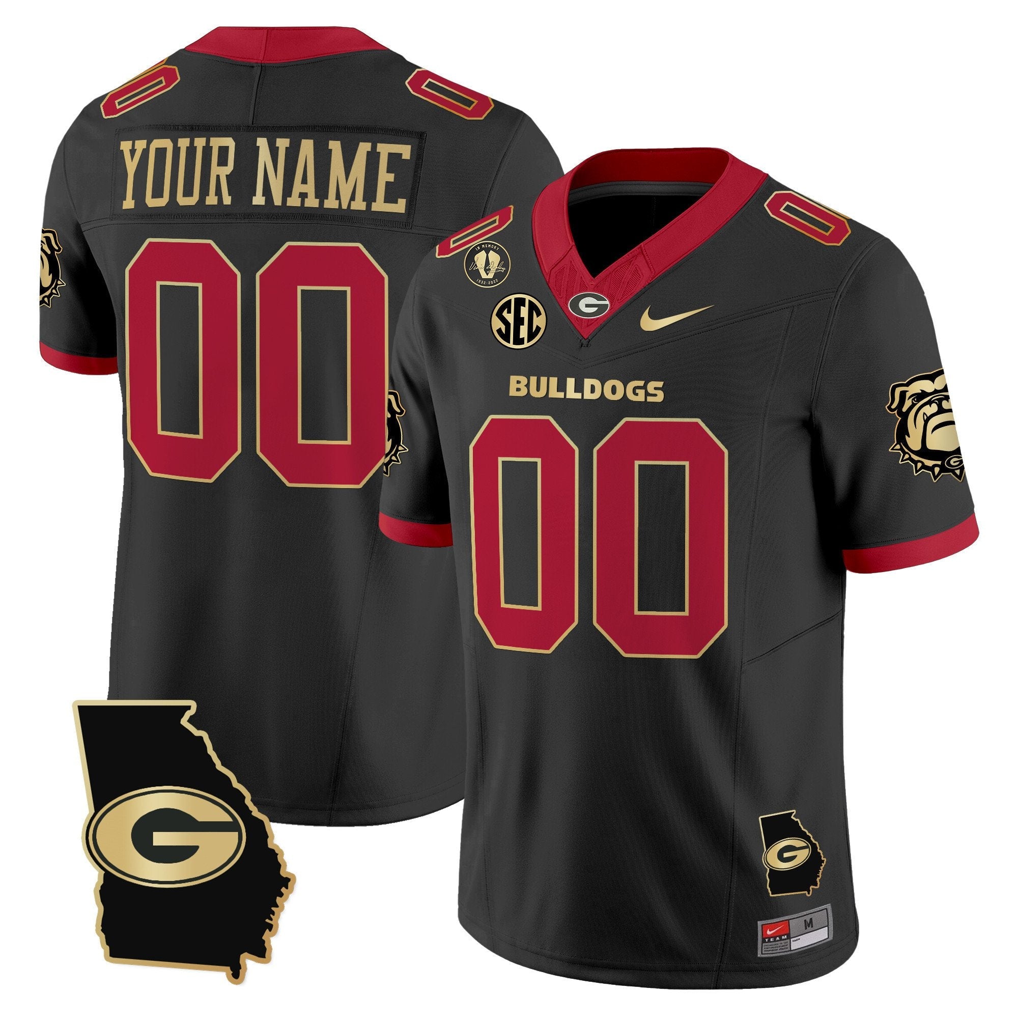 Custom Georgia Bulldogs Jersey 2025 Georgia Map, Vince Dooley Stitched Black Gold Trim