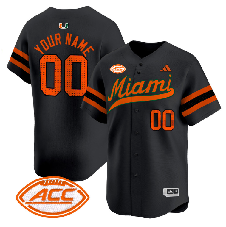 Custom Miami Hurricanes Jersey Name, Number 2024 Baseball Black
