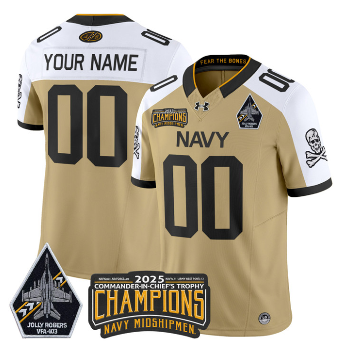 Custom Navy Midshipmen Jersey Jolly Rogers 2025 Trophy Champions Stitched Gold Alternate
