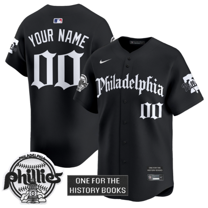 Custom Phillies Jersey Retro Newspaper Edition Vapor Premier Limited Stitched Black