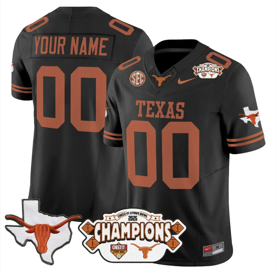 Custom Texas Longhorn Jersey 2025 State Map Citrus Bowl Champions Stitched
