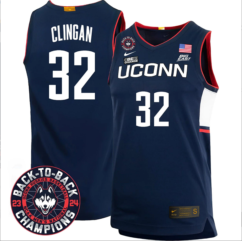 Donovan Clingan Jersey #32 UConn Huskies Basketball 2024 Back To Back Champions Patch White Gold
