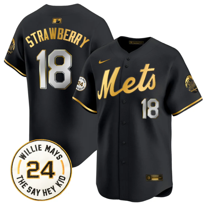 Darryl Strawberry Jersey #18 Mets Willie Mays Patch Vapor Premier Limited Stitched Black Gold