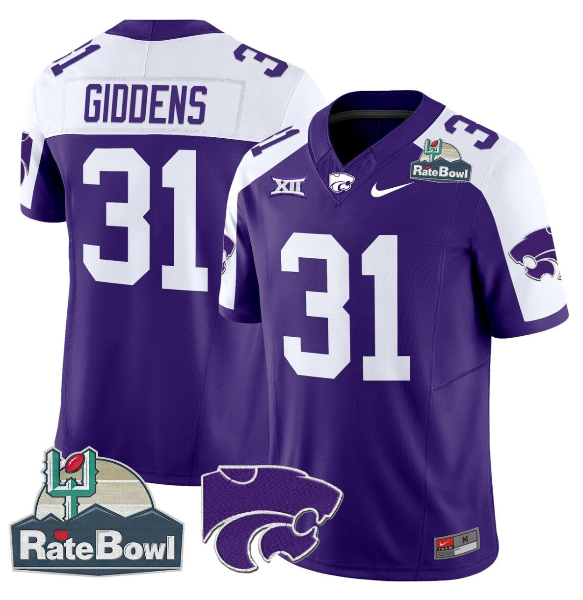 DJ Giddens Jersey #31 Kansas State Wildcats 2025 Rate Bowl Patch Purple Alternate