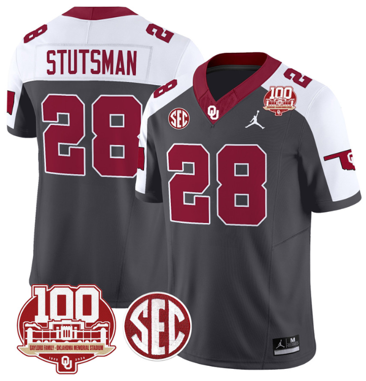 Danny Stutsman Jersey #28 Oklahoma Sooners 100th Anniversary Patch Vapor Limited College Football Stitched Anthracite Alternate
