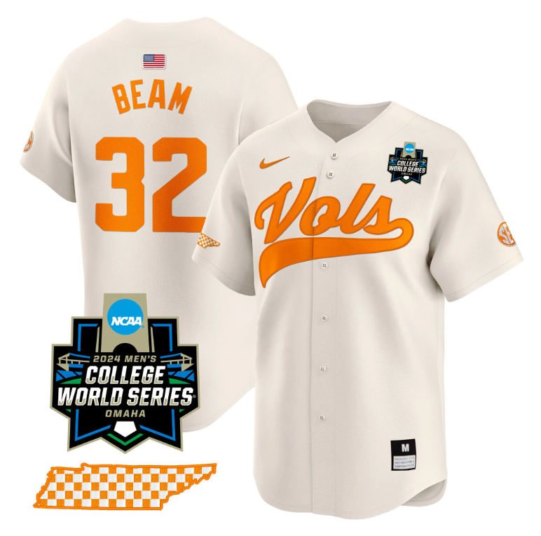 Drew Beam Jersey #32 Tennessee Volunteers 2024 College World Series Vapor Premier Limited NCAA Baseball Stitched Cream