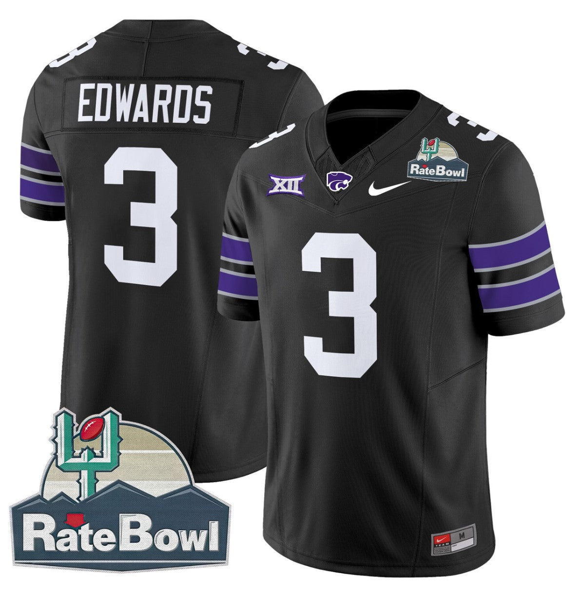 Dylan Edwards Jersey #3 Kansas State Wildcats 2025 Rate Bowl Patch Black