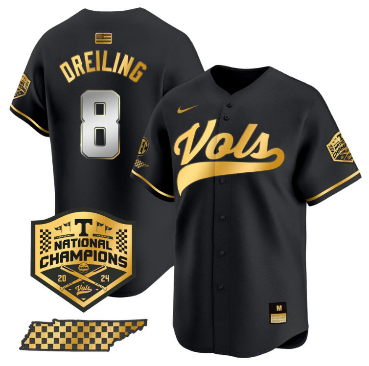 Dylan Dreiling Jersey #8 Tennessee Volunteers Baseball 2024 Champions Vapor Premier Limited  Black Gold