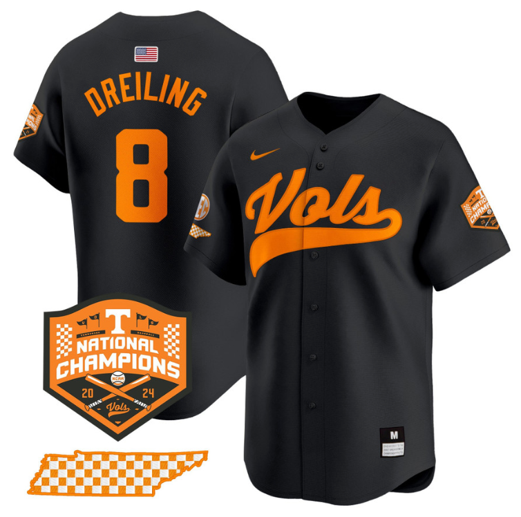 Dylan Dreiling Jersey #8 Tennessee Volunteers Baseball 2024 Champions Vapor Premier Limited  Black