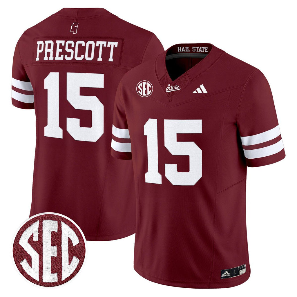 Dak Prescott Jersey #15 Mississippi State Bulldogs Dark Mode Stitched Maroon