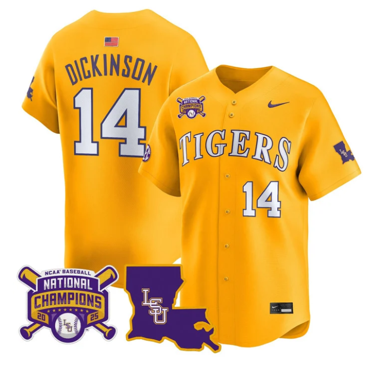 Daniel Dickinson Jersey #14 LSU Tigers 2025 World Series Champions Stitched Gold
