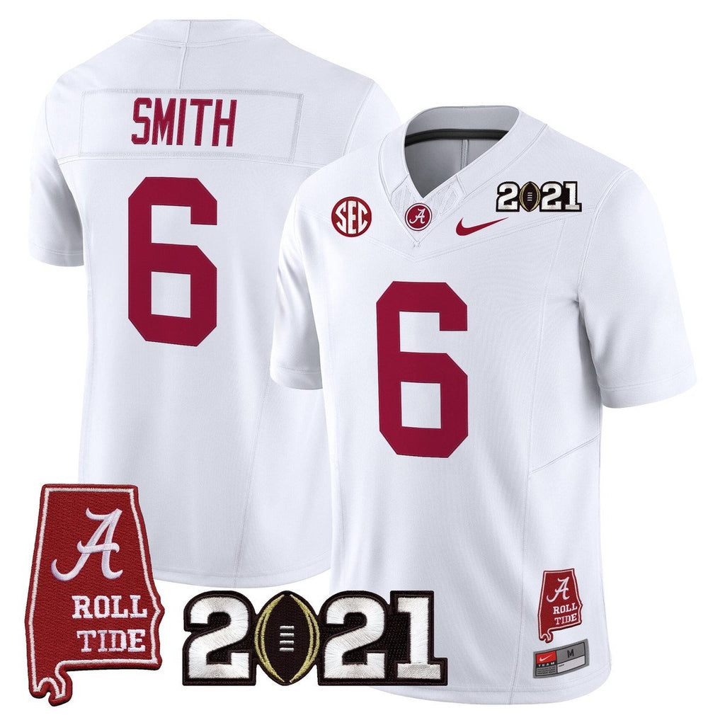 DeVonta Smith Jersey #6 Alabama 2021 CFP Championship Alabama Map White