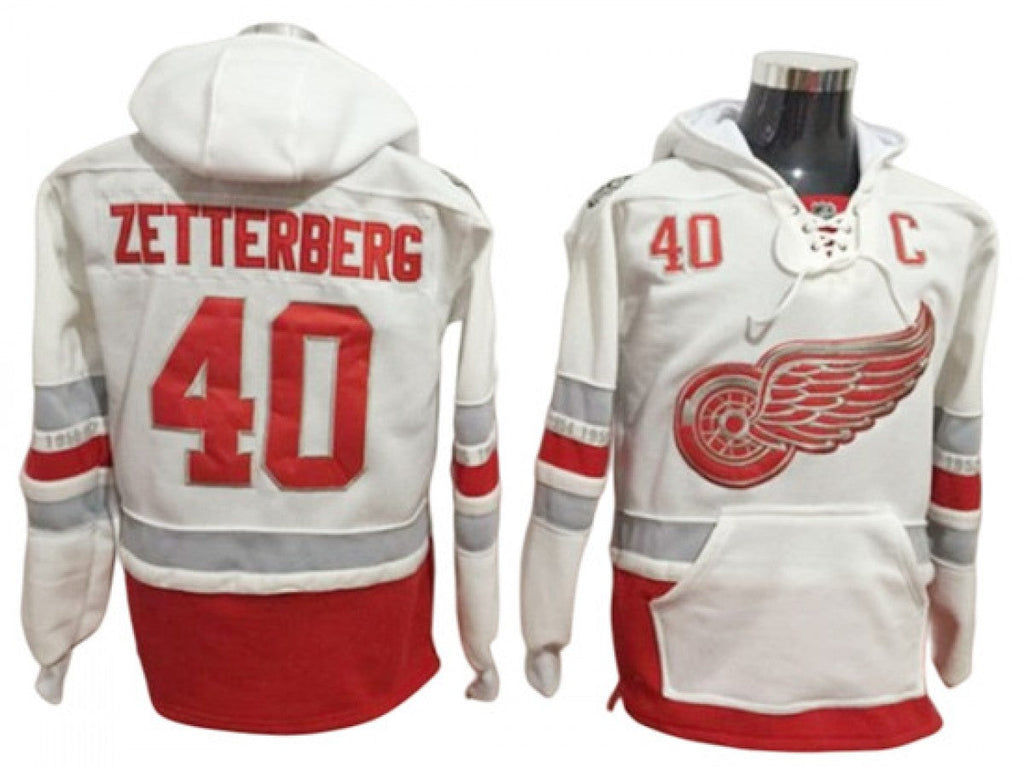 Detroit Red Wings #40 Henrik Zetterberg One Front Pocket Pullover Hoodie White