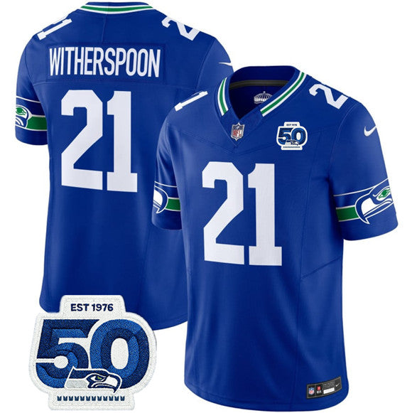 Devon Witherspoon Jersey #21 Royal 2025 F.U.S.E 50th Season Patch Throwback