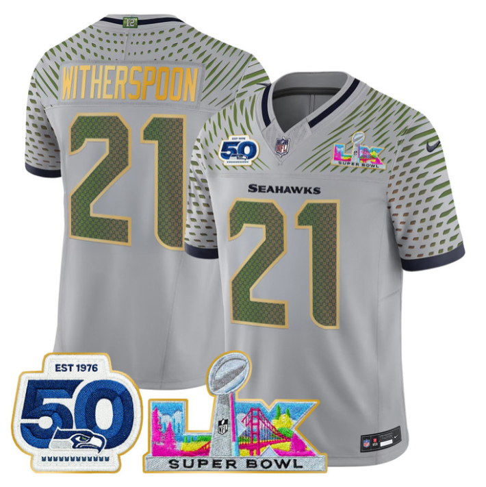 Devon Witherspoon Jersey #21 Super Bowl LX & 50th Patch Gold Trim Stitched
