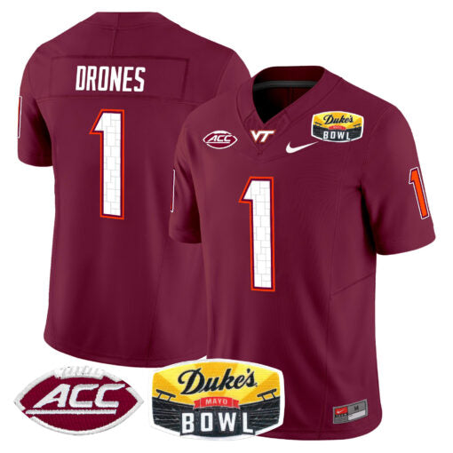 Kyron Drones Jersey #1 Virginia Tech Hokies 2025 Duke’s Mayo Bowl Patch Maroon