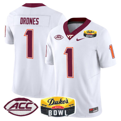Kyron Drones Jersey #1 Virginia Tech Hokies 2025 Duke’s Mayo Bowl Patch White