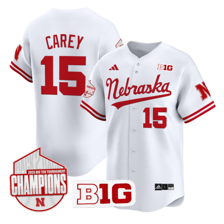Dylan Carey Jersey #15 Nebraska Huskers Back 2 Back Champions Patch Vapor Limited Stitched White