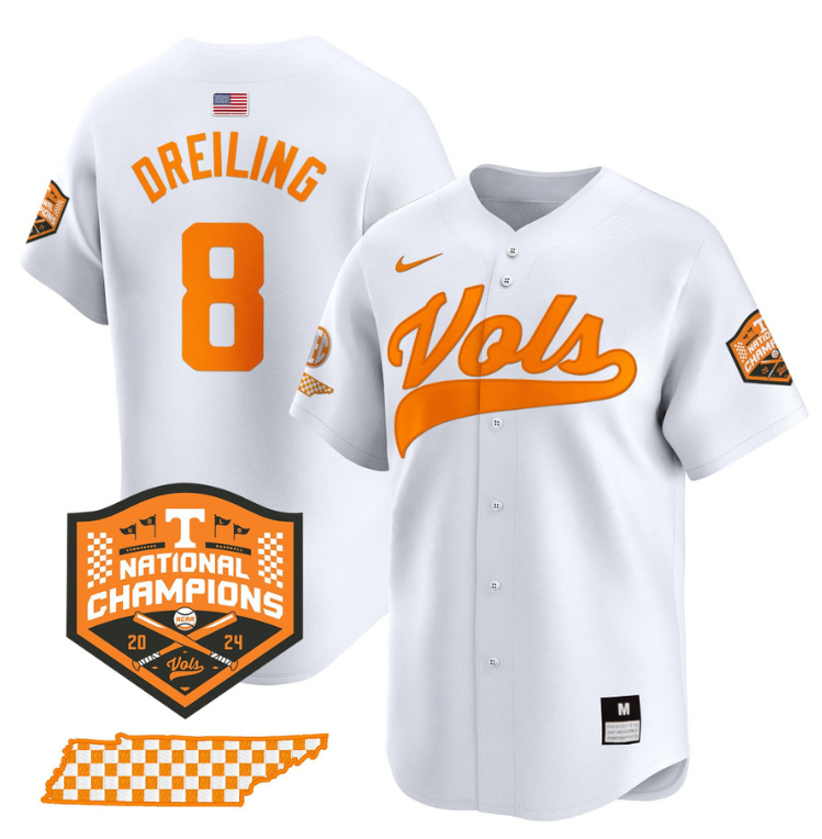 Dylan Dreiling Jersey #8 Tennessee Vols 2024 Champions Stitched White Gold