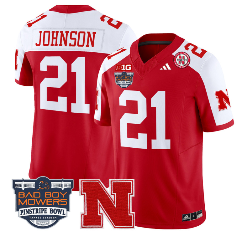 Emmett Johnson Jersey #21 Nebraska Cornhuskers 2025 Pinstripe Bowl Scarlet Alternate