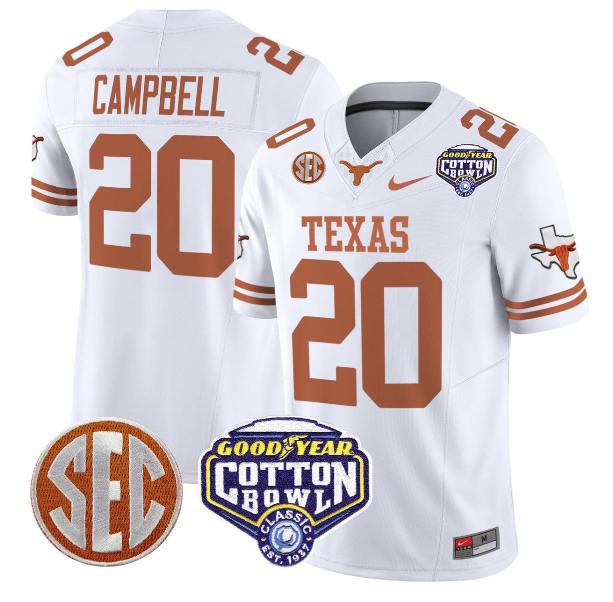 Earl Campbell Jersey #20 Texas Longhorns Cotton Bowl Patch Stitched White